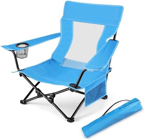 HaSteeL Folding Beach Chair, Foldable Blue Camping Chairs for Outside, Low Beach Chair Portable for Adults Fishing, Picnic, Outdoor BBQ, Travel, Sports, Cup Holder & Storage Bag