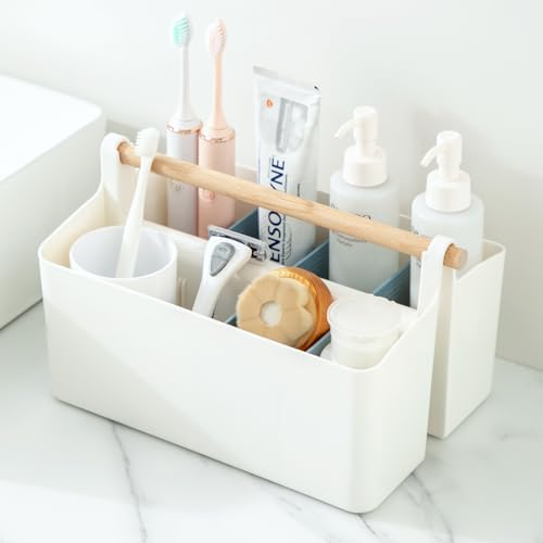 Vidifor Large Portable Basket with Handle, Plastic Craft Storage Organizer Caddy Tote with Adjustable Divided for Makeup Art Supplies, Sewing, Colored Pencils-Blue