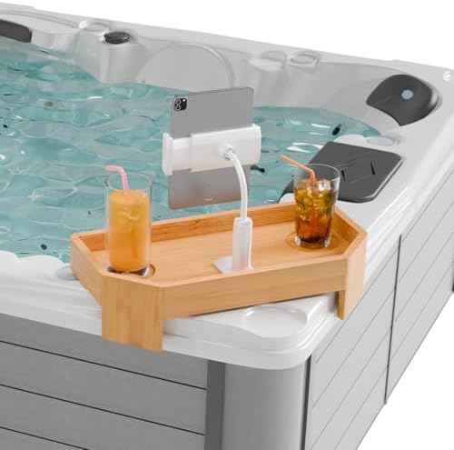 POOLCOMFT Bamboo Hot Tub Tray with Adjustable Phone Holder, Non Slip Hot Tub Table with Card & Scented Candle, Hot Tub Accessories - Unique Gift Idea for Spa Lover, Women, Parents