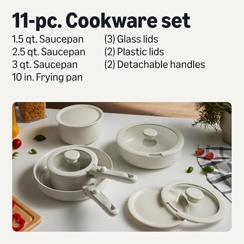 Amazon Basics Ceramic Nonstick Cookware Set with Detachable Handles, 11-Piece Stackable, All Cooktop Friendly, Oven-Safe, Dishwasher-Safe, Includes Saucepan, Frying Pan, Ivory