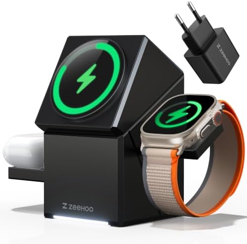 ZEEHOO 3 in 1 Charging Station, iPhone Charging Station for Apple MagSafe Charger, 15W Fast Wireless Charger, for Apple Watch, for iPhone 17,16 15,14,13,12 Series, AirPods (Black)