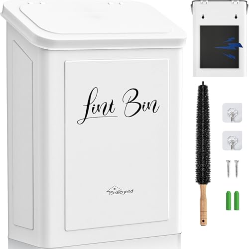 Sealegend Magnetic Lint Bin for Laundry Room with Dryer Lint Brush, Wall Mounted Metal Trash Can with Lid for Dryer, Space-Saving Laundry Organization and Storage, White