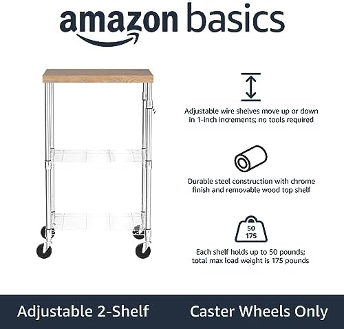 Amazon Basics Portable Kitchen 3-Tier Storage Rack on Caster Wheels with Adjustable 2 Shelves, 175 Pound Capacity, 21 x 15 x 36.7 inches (LxWxH), Wood/Chrome