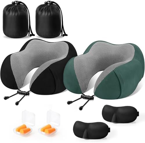 CloudBliss Travel Pillow for Airplane, Set of 2 Memory Foam Neck Pillow for Travel, Travel Neck Pillow for Long Flight, Car & Office, Trip Accessories with Eye Mask, Earplugs, Carry Bag, Black & Green