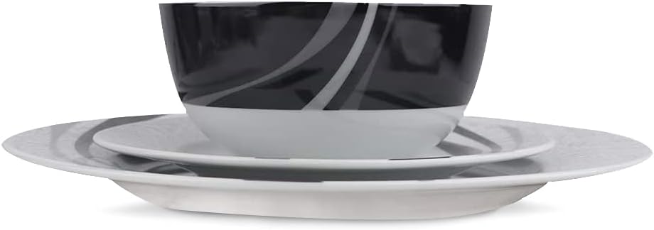 Amazon Basics 18-Piece Complete Kitchen Dinnerware Set, Microwave and Dishwasher Safe, Plates, Dishes, Bowls, Swirl, Heat Resistant, Service for 6, Everyday Use