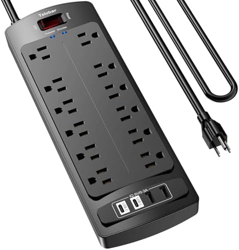 6 Ft Extension Cord Power Strip, Teiobar Surge Protector with 12 AC Outlets and 4 USB Ports for Home, Office, Dorm Essentials, 2700 Joules, ETL Listed, Black