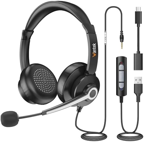 Wantek USB & 3.5mm Headset with Mic for PC/Laptop,Wired Headset with Noise-Cancelling Microphone & Audio Controls Perfect for Home Office Online Class Skype Zoom Call Center Webinar,All Day Comfort