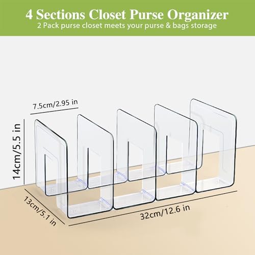 2 Pcs Purse Organizer for Closet, Acrylic Clear Purse Storage Organizers, Closet Organizers and Storage Purse Handbag Divider Holder, 4 Sections Purse Organizers Dividers in Bedroom Office (white)