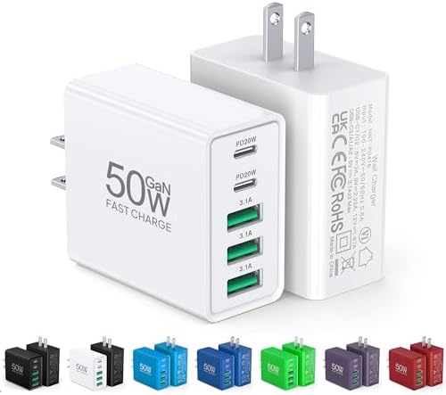 [2-Pack] USB C Wall Charger,50W 5-Port PD Fast USB C Charging Block,2USB C+3USB A Multiport Plug,Type C Power Adapter Brick Cube for iPhone 17/16/15/14/13/12/Pro Max/XS,iPad,for Switch,Samsung,Ultra 2