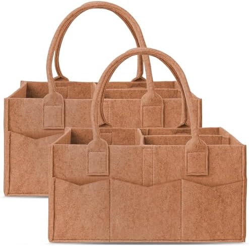Cute Castle 2 Pack Diaper Caddy Organizer - Portable Baby Caddy Organizer with Handle, Nursery Storage Bin and Car Organizer for Girls, Boys - Baby Gift Basket - Caramel