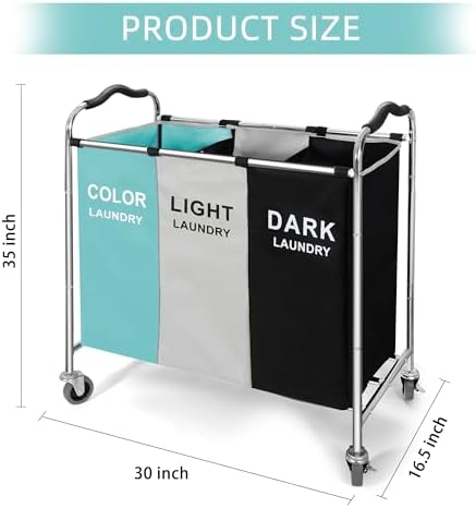 Laundry Basket, Large Laundry Hamper with Wheels, 3 Section Laundry Bag Organizer for Dirty Clothes; Dorm Room Essentials, Towel & Toys Storage Laundry Cart in Laundry Room Organization (Green)