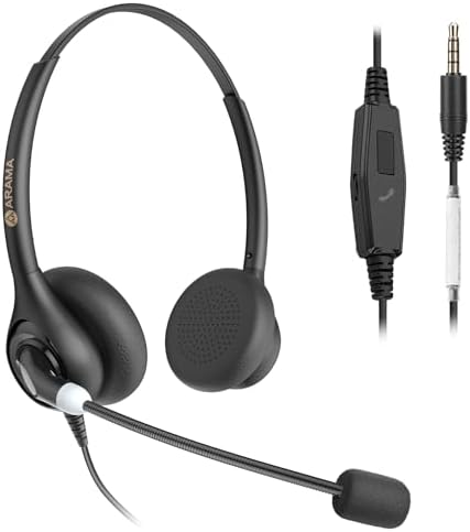 Arama Cell Phone Headset w/Lightweight Secure-Fit Headband, Pro Noise Canceling Mic and in-line Controls, 3.5mm Wired Headphones for iPhone, Samsung, LG, HTC, BlackBerry Mobile Phone and iPad Tablet