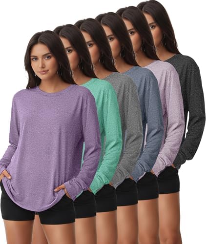 Kinglaman 6 Pack Women's Long Sleeve Workout Dry Fit Shirts, UPF 50+ Rash Guard SPF UV Sun Protection Swim Tee Shirts