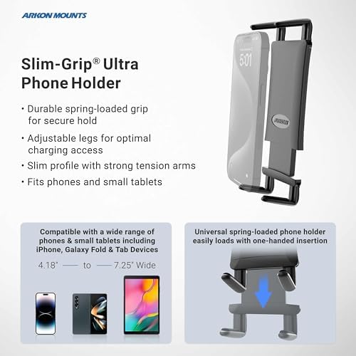 ARKON Mounts Slim-Grip Ultra Phone Holder Fits All Phones & Small to Midsize Tablets Fits Pedestals with Dual-T Patterns For iPad, iPhone, Samsung, Google, Nokia, & more