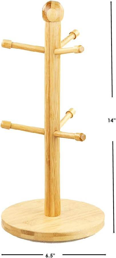 Home Basics Bamboo Mug Tree, Holds Up to 6 Coffee Cups, Free Standing, Circular Base, Kitchen Countertop, Beige (1)