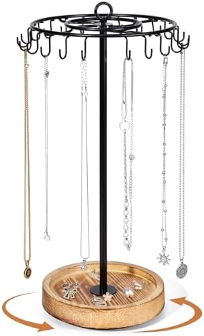 Rotating Necklace Holder, Necklace Organizer Tree Stand with 24 Hooks, Jewelry Necklace Display Stand, Wooden & Metal, Tall Spinning for Vendors Retail, Gift for Mother Women, Vintage Black