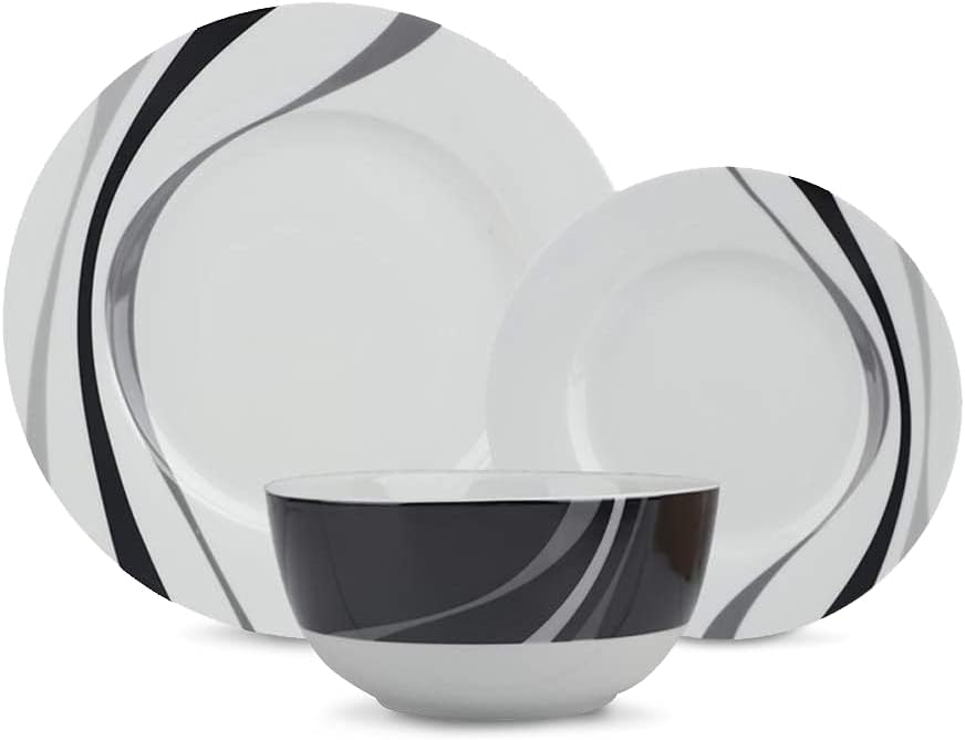 Amazon Basics 18-Piece Complete Kitchen Dinnerware Set, Microwave and Dishwasher Safe, Plates, Dishes, Bowls, Swirl, Heat Resistant, Service for 6, Everyday Use