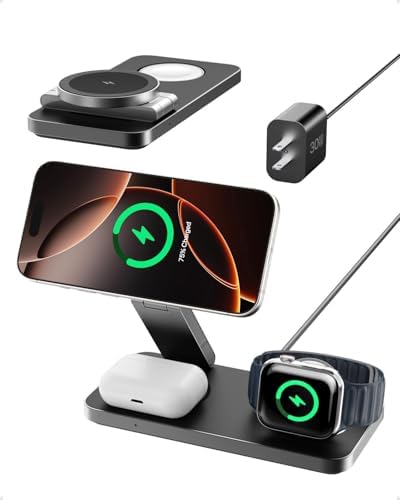 Intoval 3-in-1 Foldable Wireless Charging Station, Qi2 Certified 15W Ultra Fast Wireless Charger for Magsafe, Magnetic Charger Stand for iPhone 17/16/15/14/13/12, Apple Watch & AirPods.(Black)