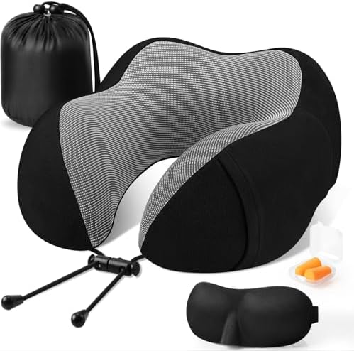 CloudBliss Travel Pillow for Airplane, Memory Foam Neck Pillow for Travel, Compact Flight Pillow with Eye Mask, Earplugs, Carry Bag, Travel Neck Pillow for Long Flight Sleep, Plane Accessories, Black