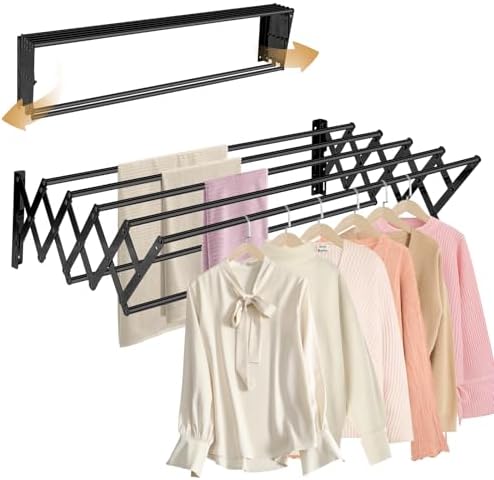 XL-31.5'' Wall Mounted Clothes Drying Rack, 130 lbs Large Capacity Rustproof Retractable Collapsible Drying Rack Easy Install with 7 Drying Rods, Space Saving Towel Clothes Rack for Laundry-Black