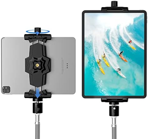 KDD iPad and Phone Tripod Mount Adapter with Ball Head, iPad Holder for Tripod, 360 Rotatable Tablet Clamp Mount fits iPad Pro 12.9, Air Mini 3 4, Galaxy Tab, Surface Pro, Selfie Stick(5.3-10.6")