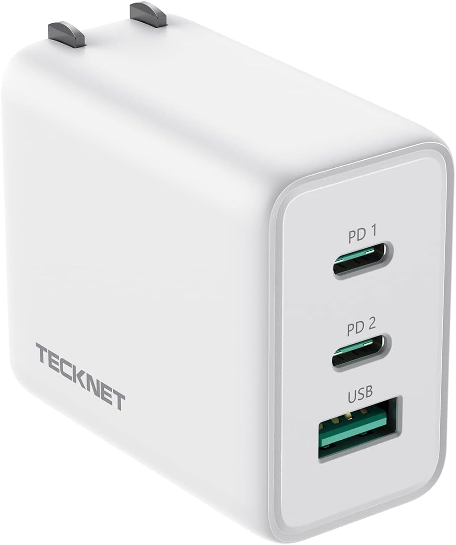 TECKNET 65W GaN Wall Charger PD 3.0 USB-C Fast Charger,3-Port Foldable Travel Adapter for iPhone 16 Pro Max/16 Pro/16 Plus/16/15/Galaxy S24/S25/MacBook Pro/Switch and More Series(White)