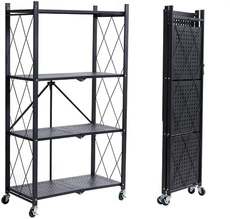 BRIAN & DANY 4-Tier Foldable Storage Shelves with Wheels, Folding Metal Rack Shelving Unit, Heavy Duty No Assembly Organizer Shelf for Garage, Kitchen, Basement, Pantry, Black