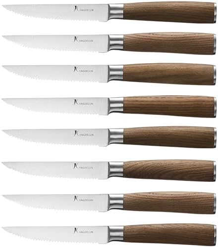 kangdelun Ultra Sharp 8-Piece Steak Knife Set, 4.5" Serrated Blades, 50Cr15MoV High-Carbon Stainless Steel, Torrefied Brown Ash Wood Handles, Magnetic Gift Box