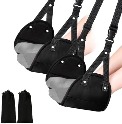 Aksiko 2 Pack Airplane Travel Footrest Hammocks, Adjustable, Black, Memory Foam, Foot Hammock for Airplane Travel