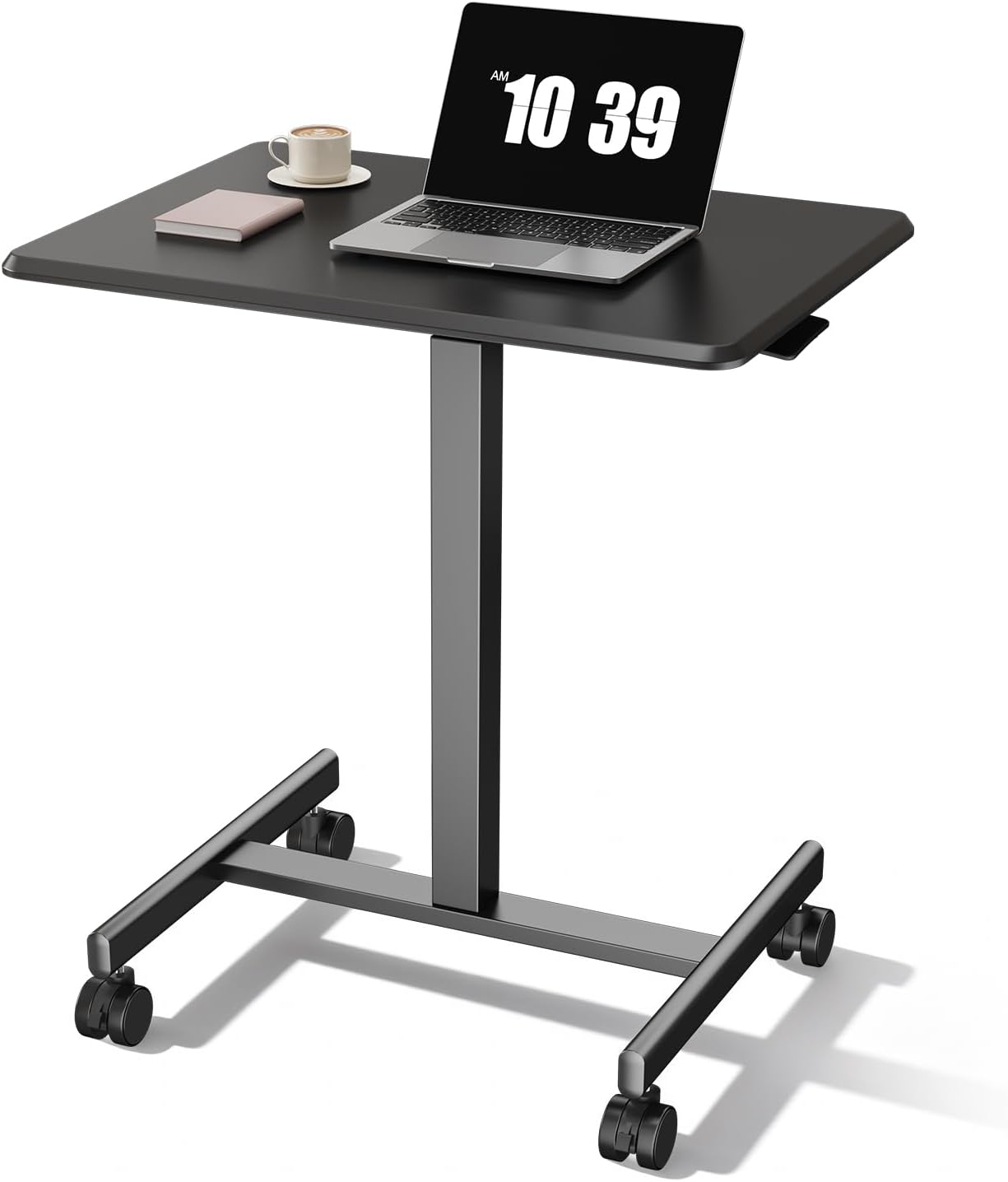 OLIXIS Mobile Rolling Desk with Wheels Small Standing Laptop Desks Portable Pneumatic Adjustable Height Sit Stand Table Computer Workstation for Home Office Black