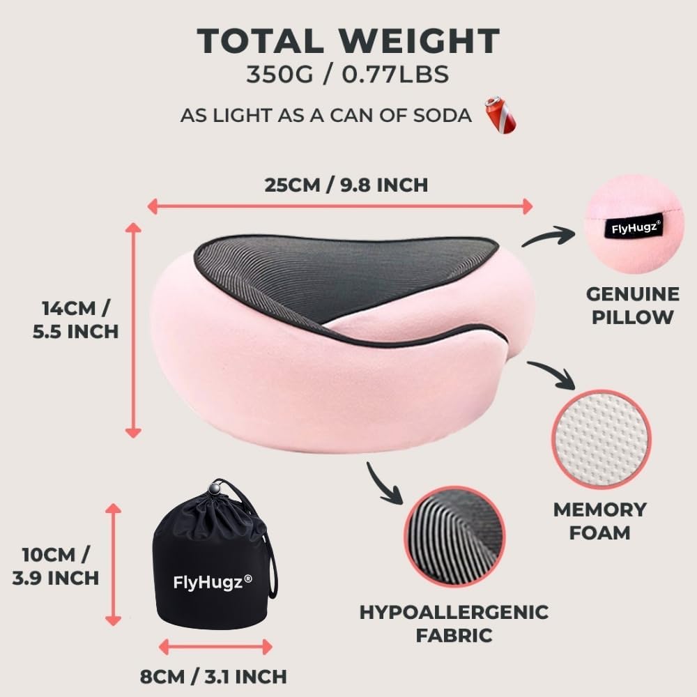 FlyHugz® Neck Travel Pillow Memory Foam Neck Pillow for Comfort on Airplane Compact and Ergonomic Design for Travel, Car Rides, and Home Use Ideal for Adults and Kids. (Pink)