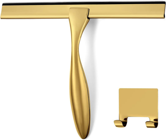 HIWARE All-Purpose Shower Squeegee for Shower Doors, Bathroom, Window and Car Glass - Brass, Stainless Steel, 10 Inches
