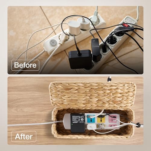 TIDITA 15" L Wicker Cable Management Box with Lid, Natural Water Hyacinth | 2 Cable Slots, Protective Lid, For Standard Power Strip, No Assembly Required Cable Organizer Box, Desk Cord Hider for Office