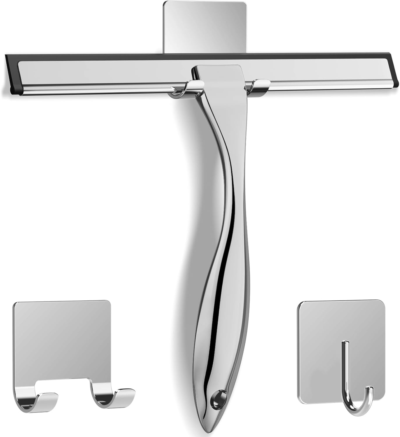 All-Purpose Stainless Steel Shower Squeegee for Shower Doors with 2 Adhesive Hooks, Bathroom Cleaner Tool Household Window Mirror Squeegee for Home Cleaning, Glass Door, Tile Wall, Car, 10 Inch Black