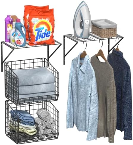 2 Pack Laundry Room Shelves with Wire Baskets, Over the Washer and Dryer Shelf, Wall Mounted Storage and Clothes Drying Rack, Wire Shelves Baskets for Laundry Closet Organization and Storage-Black