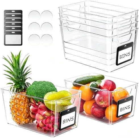 iCASA Clear Organizer Bins - 6 Pack Plastic Pantry Organizers & Storage Containers with Handles & Labels, Home Organization Must Haves for Kitchen, Under Sink, Cabinet Fridge, Bathroom, Shelf, Laundry