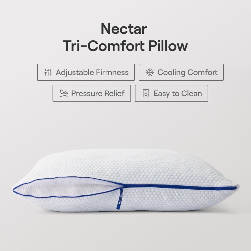 Nectar Tri-Comfort Cooling King Pillow - Adjustable Support & Firmness - Cooling Cover - Pressure Relief - Helps Reduce Neck Pain - Premium Memory Foam & Microfiber Down Alternative