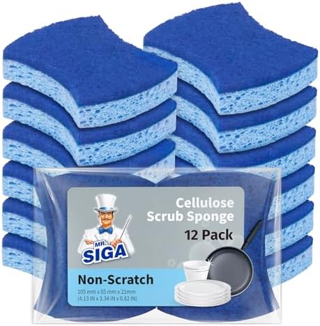 MR.SIGA Non-Scratch Cellulose Scrub Sponge, Dual-Sided Dishwashing Sponge for Kitchen, 12 Pack
