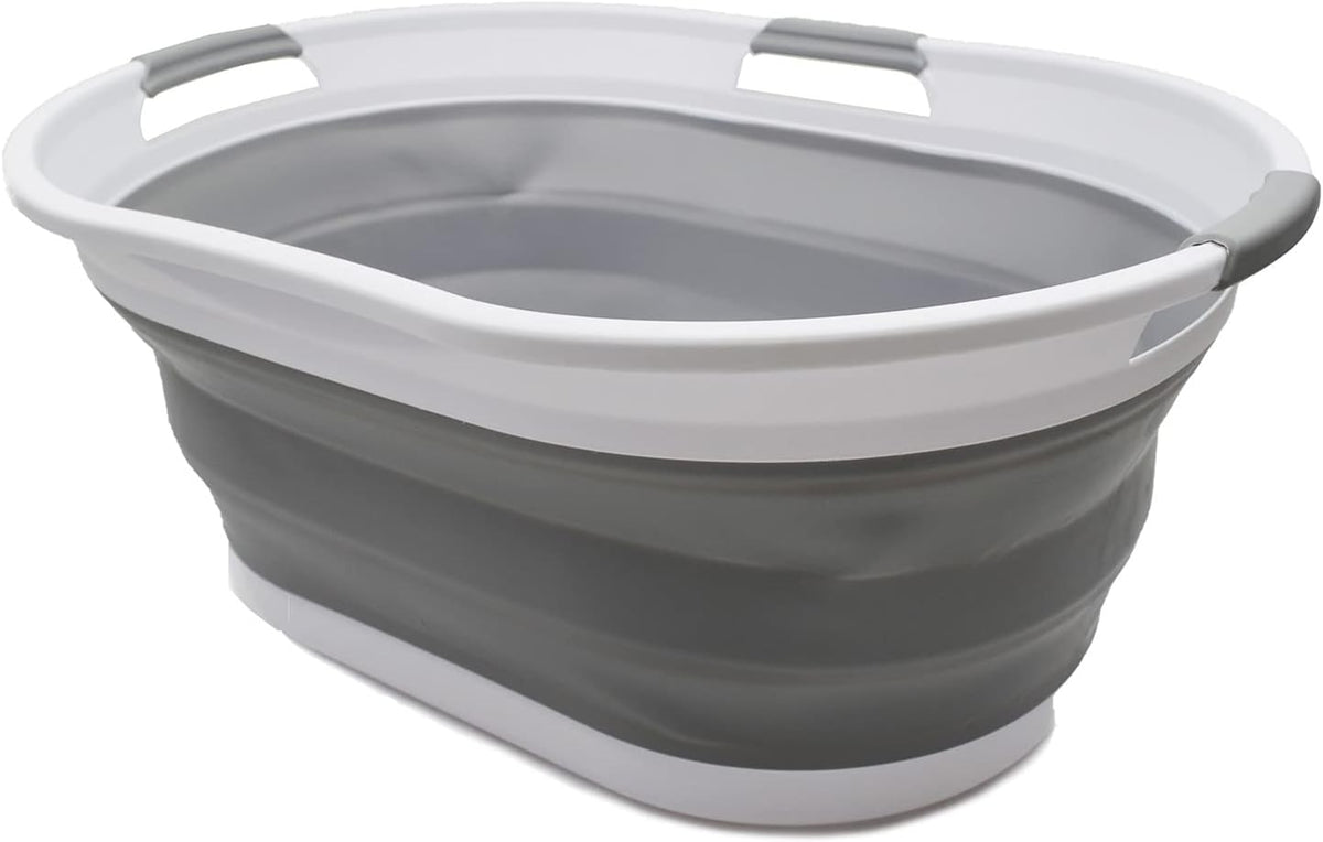 SAMMART 44L Collapsible Plastic Laundry Basket - Foldable Pop Up Storage Container/Organizer - Portable Washing Tub - Water Capacity: 35L(1, White/Grey), Size : 25.4 x 17.8 x 10.6 inches