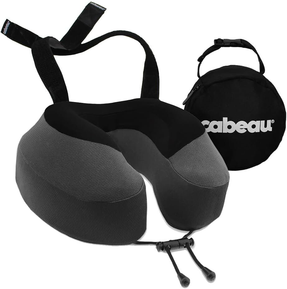Cabeau Evolution S3 Airplane Travel Pillow for Long Flights - Supportive Memory Foam Body Positioner with Seat Straps to Secure Your Head and Neck and Provides 360 Support (Jet Black)