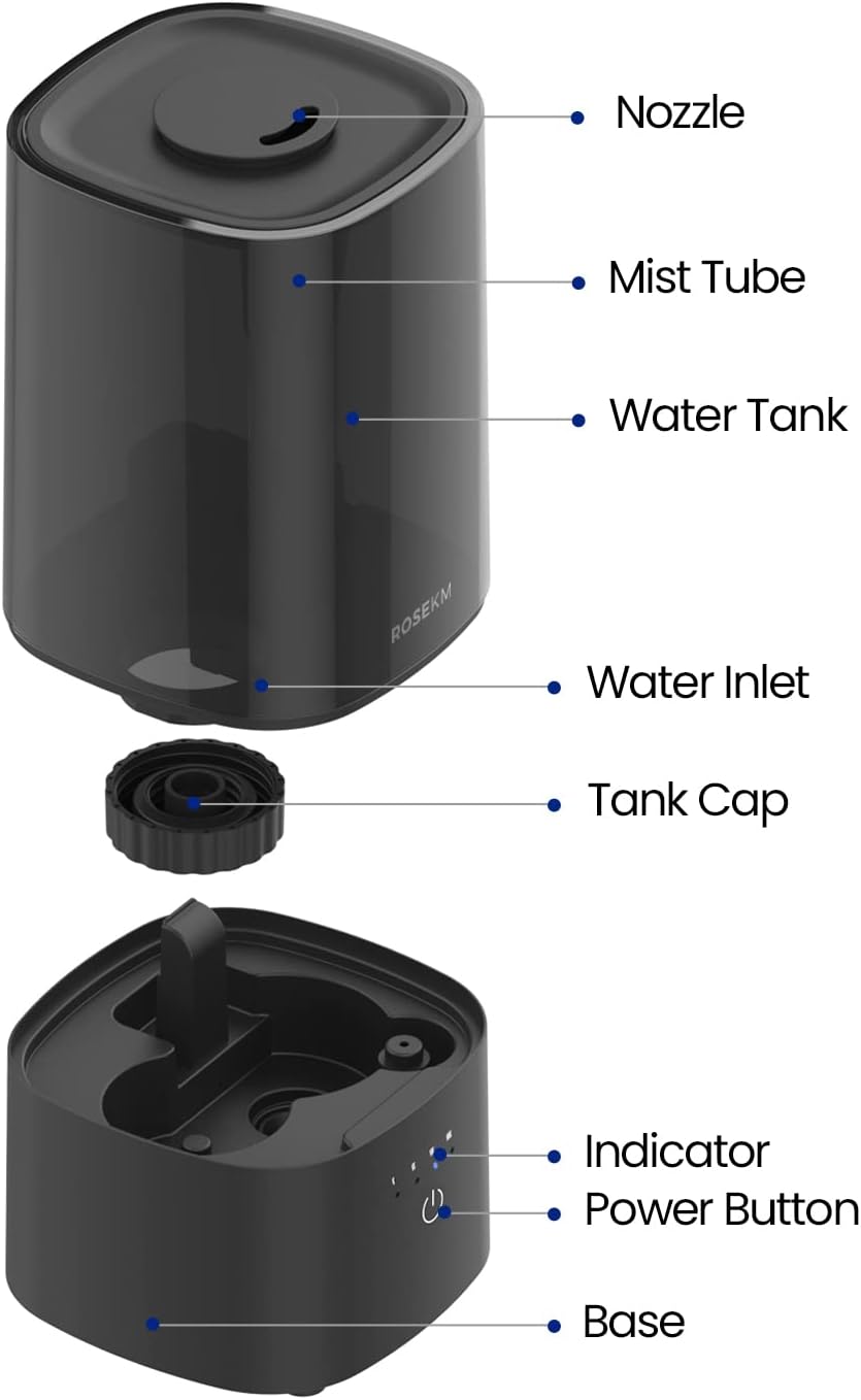 ROSEKM Humidifiers for Bedroom, 2.0L Cool Mist Humidifier for Home Plant and Baby Nursery, Quiet Ultrasonic Humidifier with 360° Nozzle, Auto Shut-Off, Filterless, Black