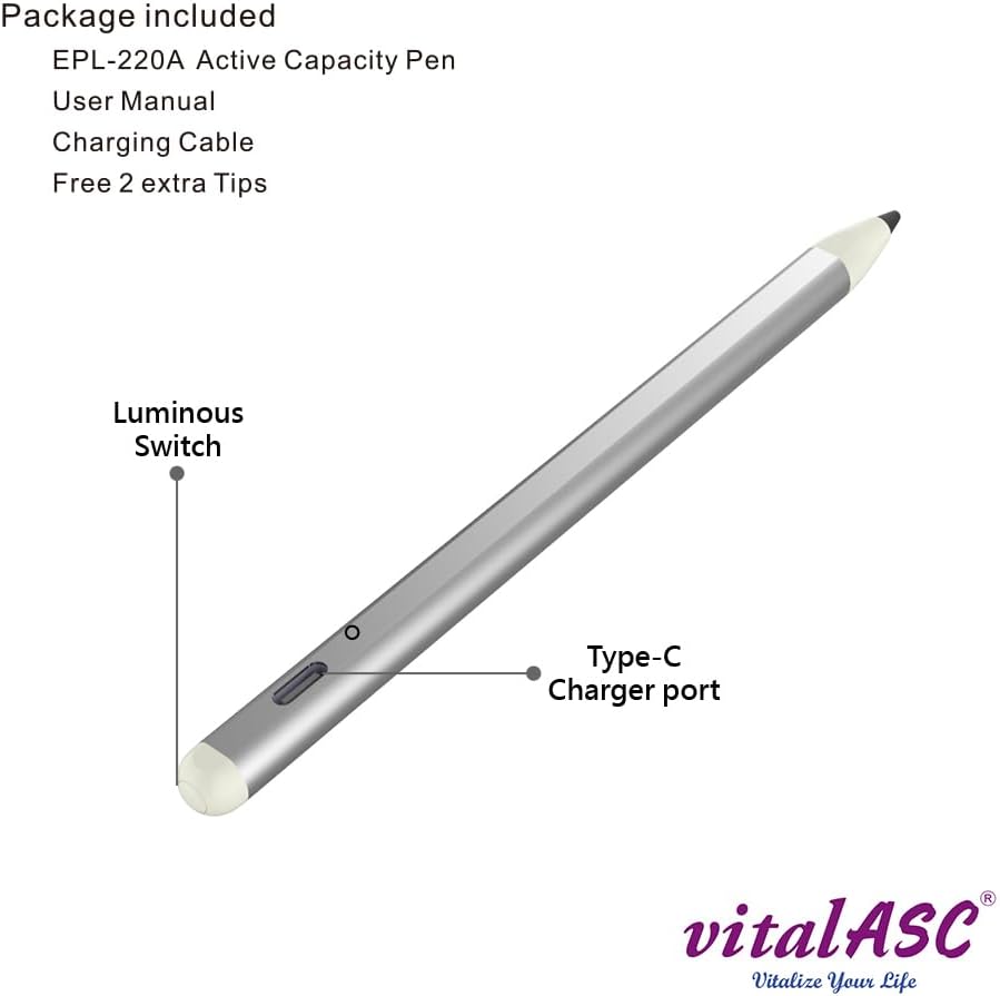 Active Stylus Pen for Touch Screens, Universal Fine Point for iPad, iPhone, Android, and Other Tablets – Precise Writing/Drawing, Sensitivity Wake-Up Button, 2 Free Pen Tips.