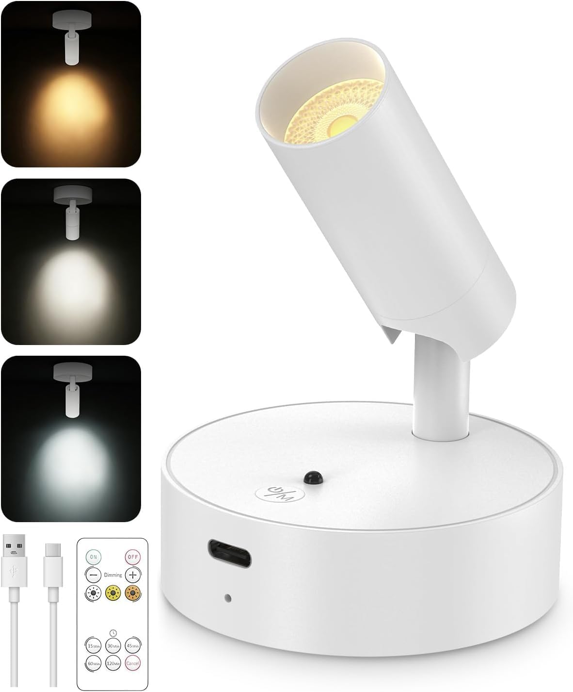 GOODEA Spotlights Indoor with Remote, 3000mAh Rechargeable Battery Plant Spotlight Indoor, Wireless Uplights with 3 Colors & Dimmable, Picture Light for Painting, Accent Lighting(1 Pack, White)