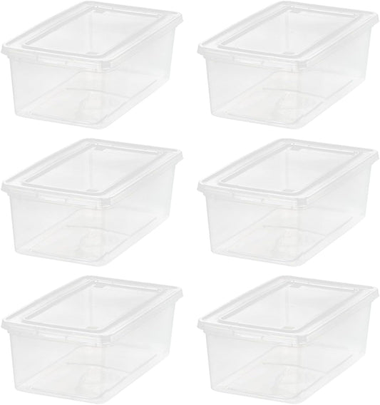 IRIS USA 6-Pack Storage Bins with Lids, 6 Quart - Crystal Clear, Shoe Boxes Stackable Containers Organize Shoes Closet Shelves, Teacher Tools Classroom Organization, Game - BPA-Free Plastic