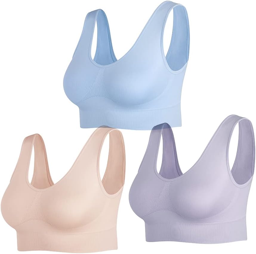 Women's Wireless Sleep Bras Unpadded Seamless Comfort Bras Throw-on Wirefree Bralettes 3 Pack