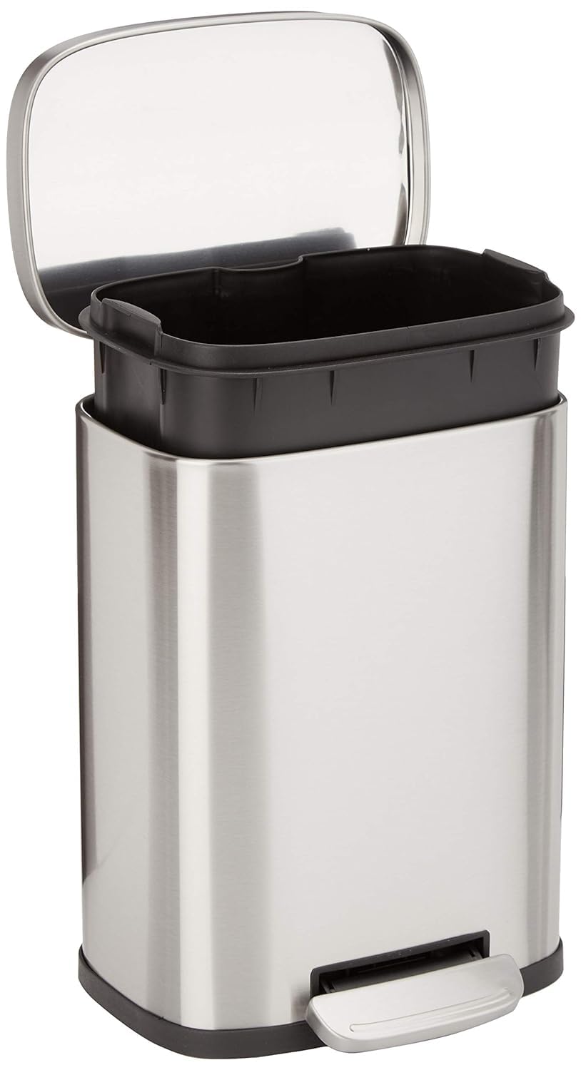 Amazon Basics MINI Trash Can, 1.32 Gallon (5L) Smudge Resistant Rectangular Bin with Soft-Close Lid, Step Foot Pedal, Removable Inner Bucket, Brushed Stainless Steel, for Bathroom, Satin Nickel Finish