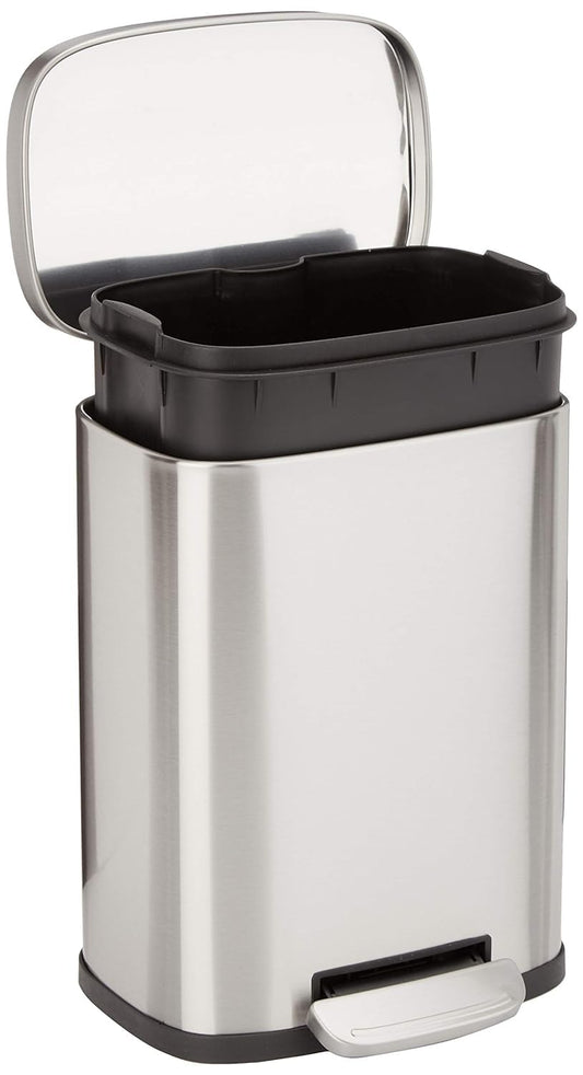 Amazon Basics MINI Trash Can, 1.32 Gallon (5L) Smudge Resistant Rectangular Bin with Soft-Close Lid, Step Foot Pedal, Removable Inner Bucket, Brushed Stainless Steel, for Bathroom, Satin Nickel Finish