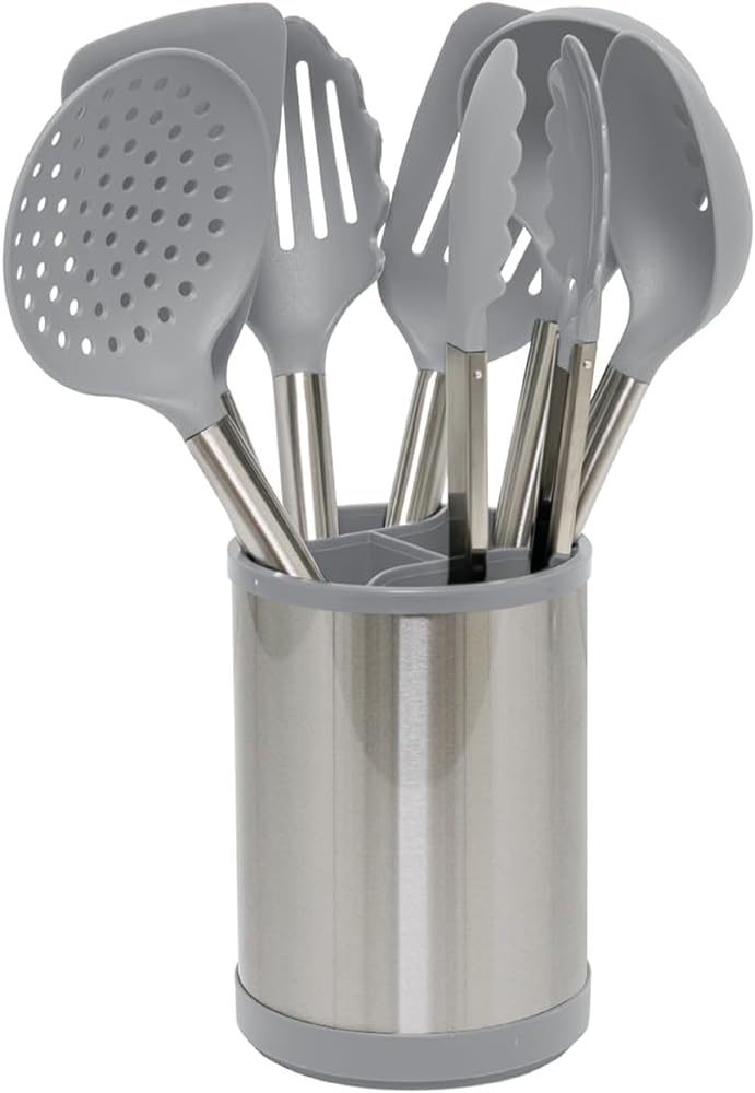 Glad Kitchen Utensils Set, 8pcs - Nonstick Cooking Tools with Stainless Steel Handles & Rotating Utensil Holder - Turners, Ladle, Spoon, Tongs, Spaghetti Server, and Skimmer - Dishwasher Safe, Green