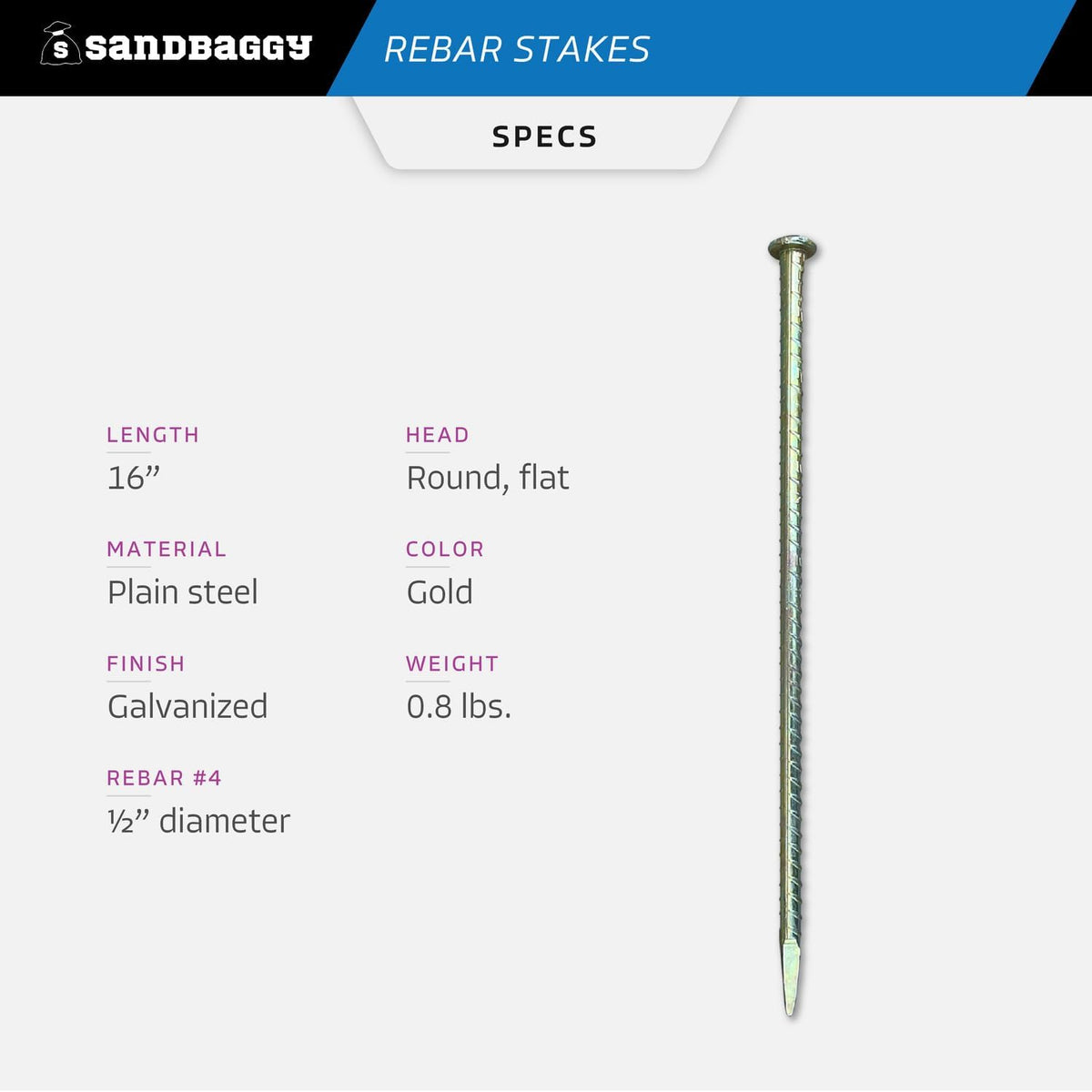 Sandbaggy 16" Galvanized Steel Rebar Stakes with Nail Head - Garden Stakes (#4 Rebar - 1/2" Diameter) - l-Shape - Ground Stake, Pins, Landscaping Spikes, Construction (150, Count)