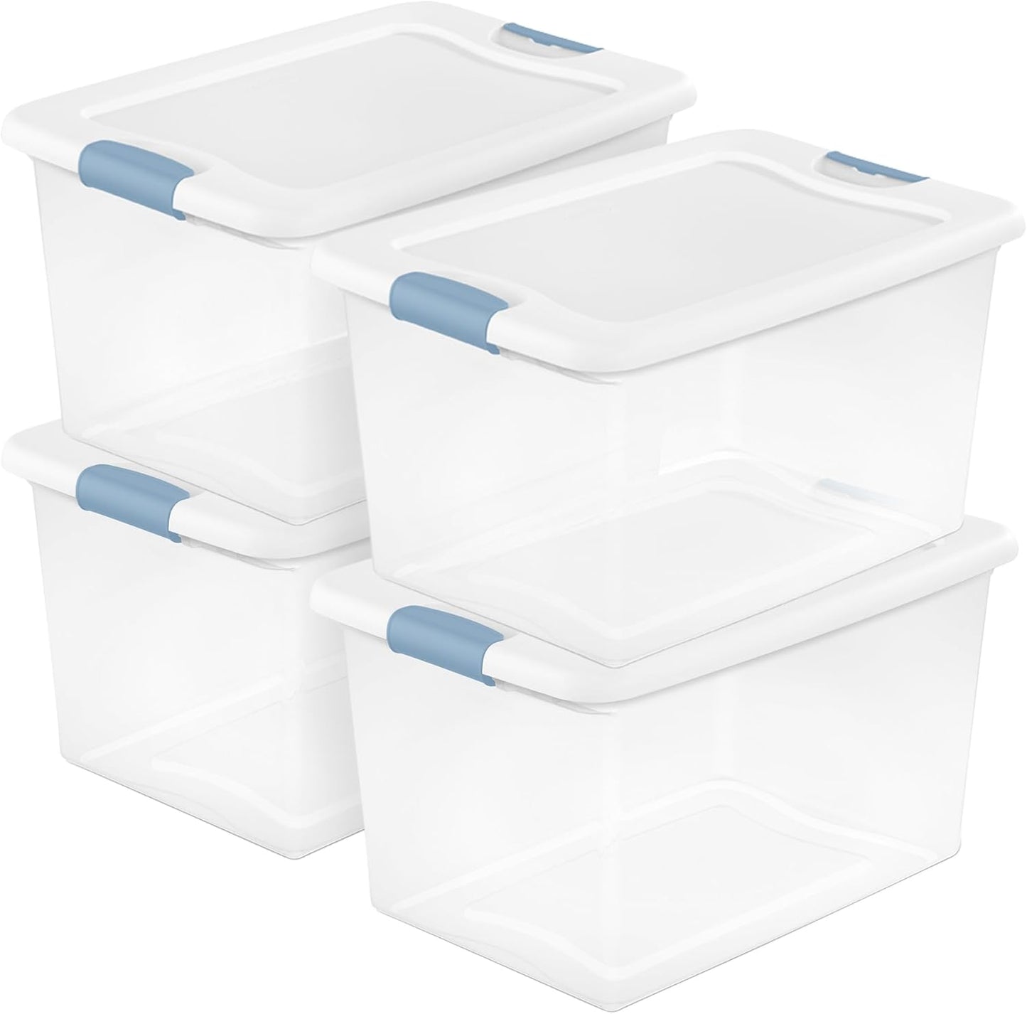 Sterilite 4-Pack 64 Quart Latching Box, Clear Plastic Storage Organizer Bins with White Lids - Large Stackable Containers for Home Bedroom, Dorm Room, and Closet Organization